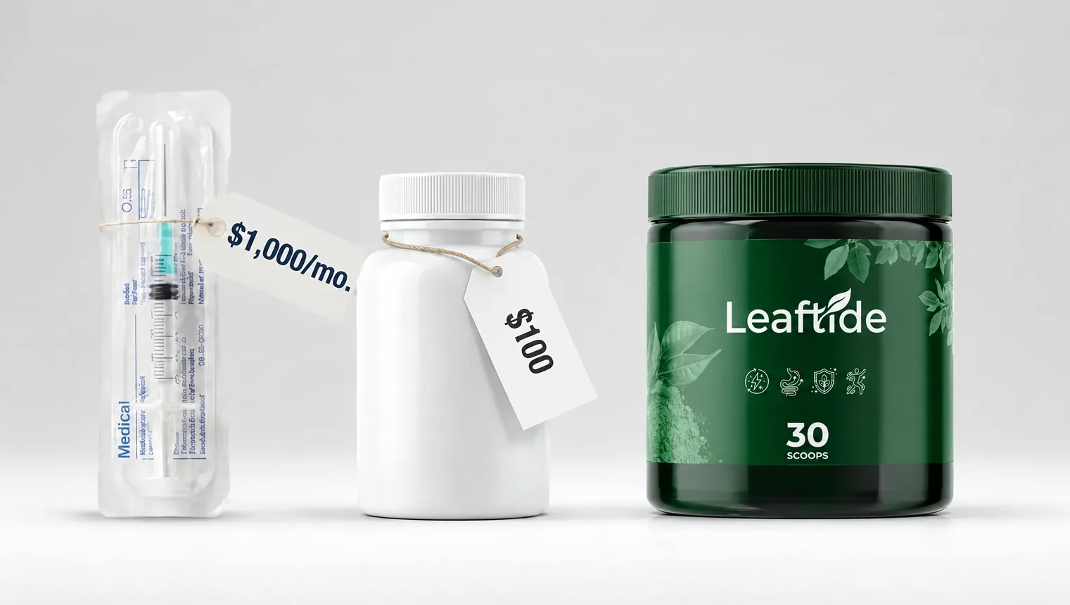 A Leaftide tub shown next to other weight-management product formats and their price tags