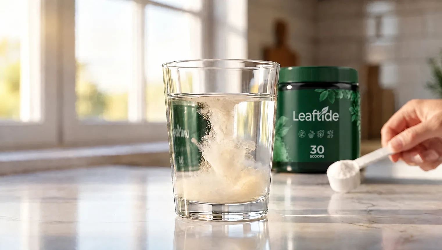 Leaftide powder dissolving in a glass of water next to the tub