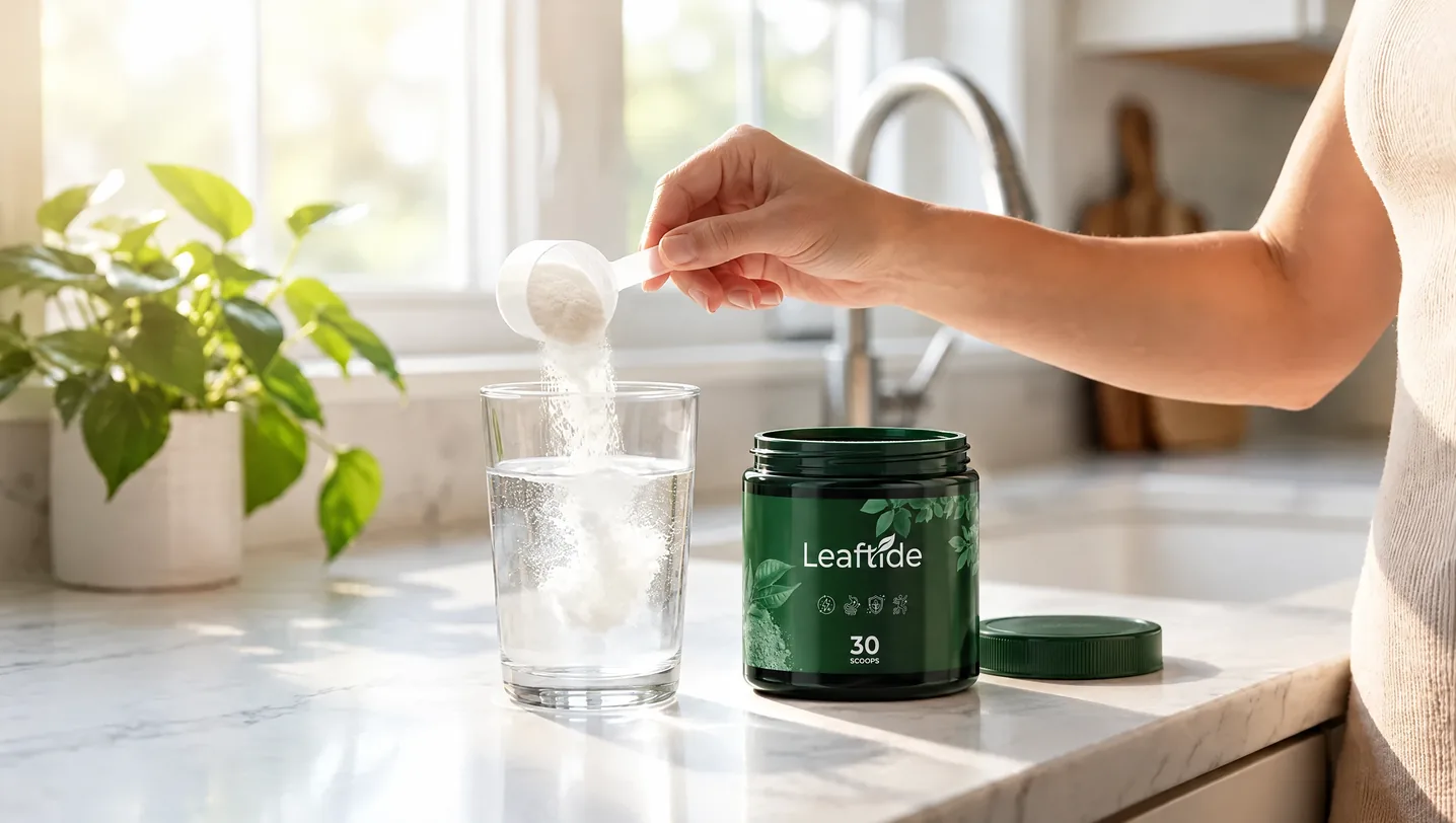 Pouring one Leaftide scoop into a glass of water on a kitchen counter