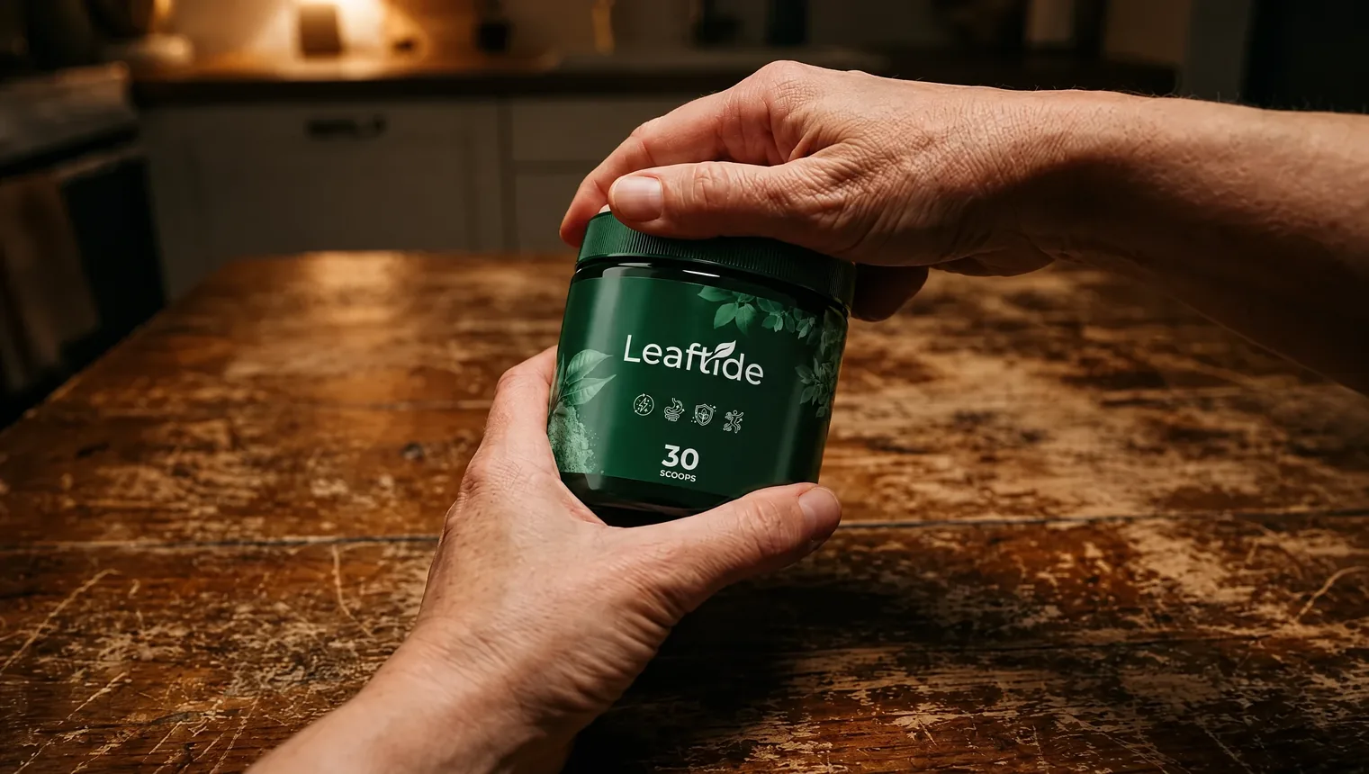 Hands holding a tub of Leaftide powder in a kitchen